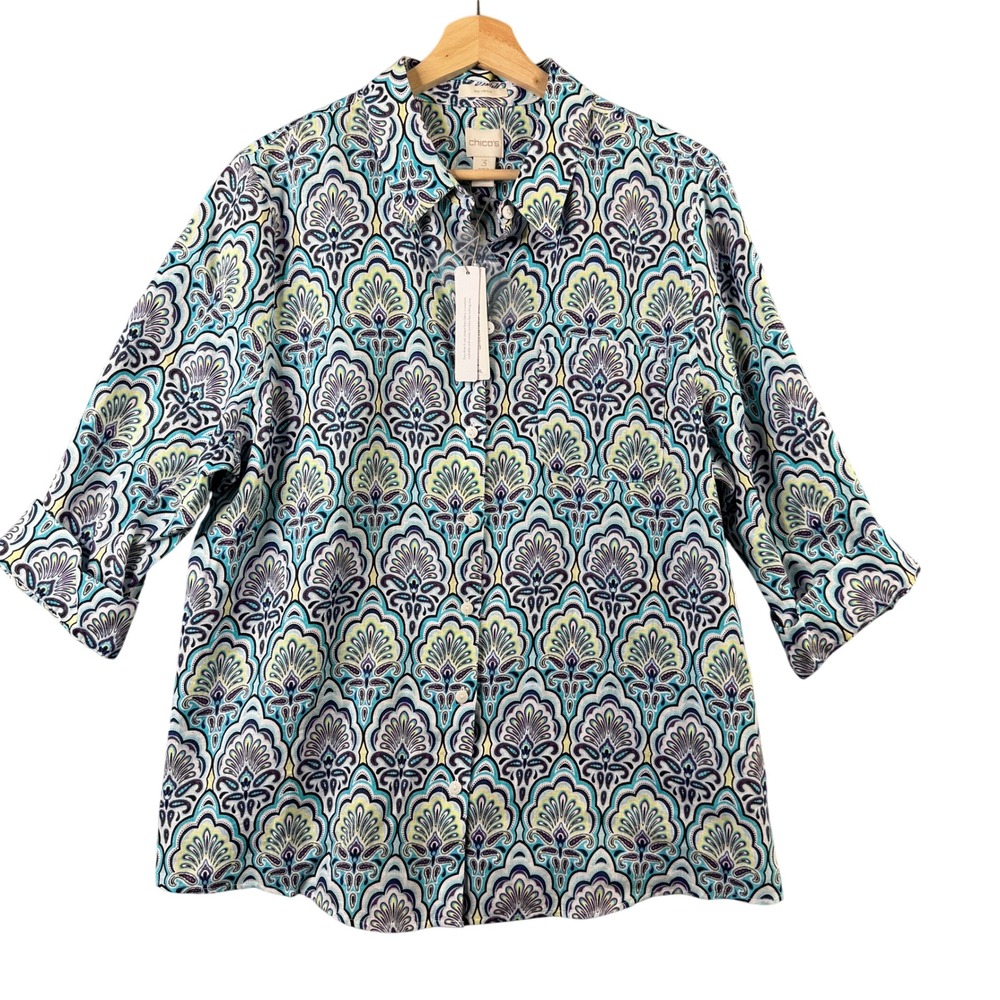 Chicos No Iron 100% Linen Scallops Shirt 3 XL Blue Multi Paisley 3/4 Sleeve